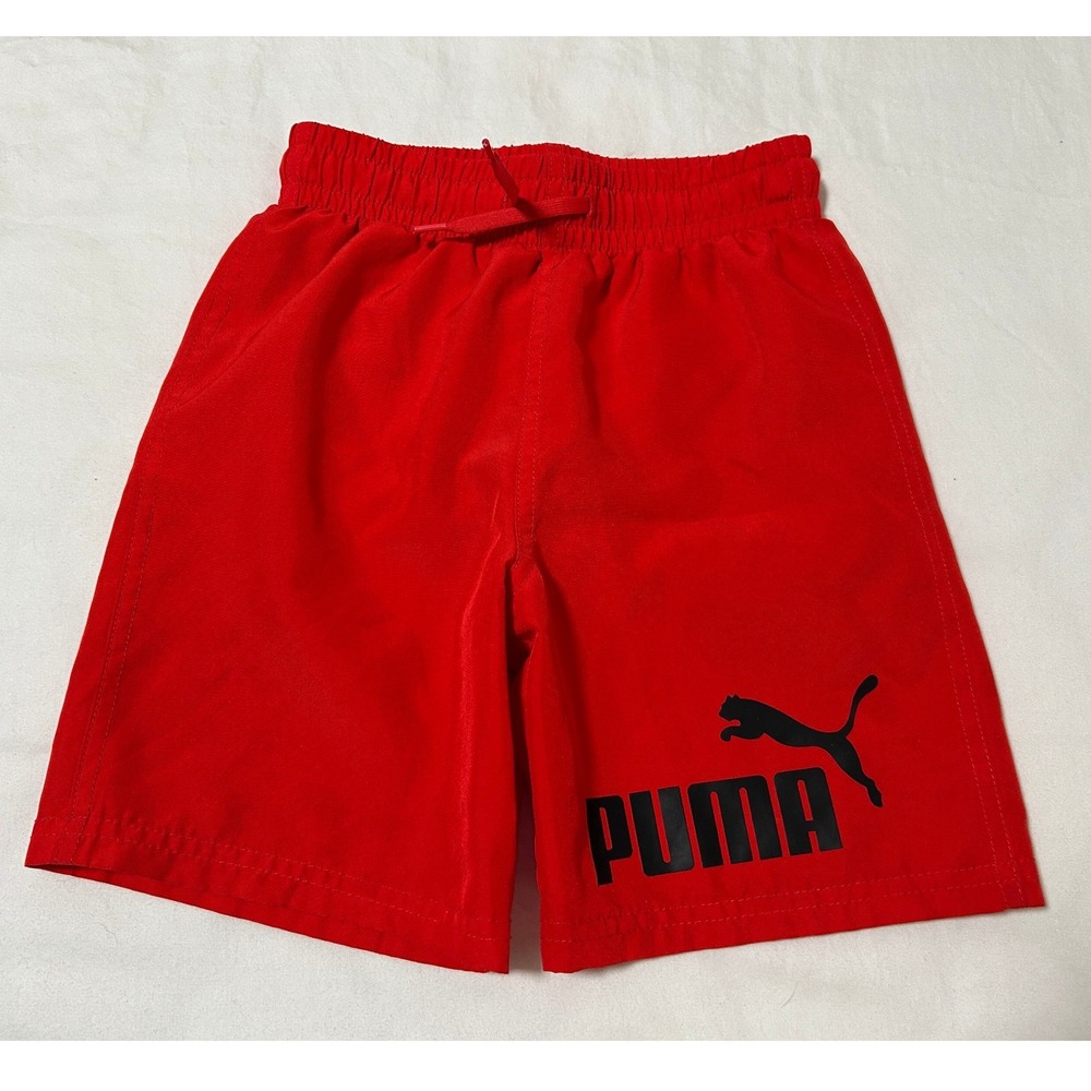 Puma Boys Red Swim Trunks Shorts Logo Graphic Mesh Lined Sz 6 Elastic Waistband